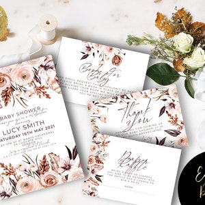 Plantillas de invitación para baby shower de estilo boho Libros para la rifa de pañales para bebés Tarjeta de agradecimiento Rosa polvorienta Editable Descarga instantánea Imprimible RB01