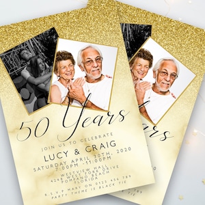 50th Wedding Anniversary Party Invitation Editable Add Your Own Photos Glitter Marble Golden Invitation 50 Years Instant Download