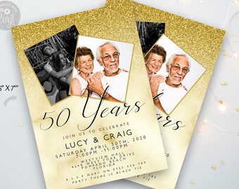 50th Wedding Anniversary Party Invitation Editable Add Your Own Photos Glitter Marble Golden Invitation 50 Years Instant Download