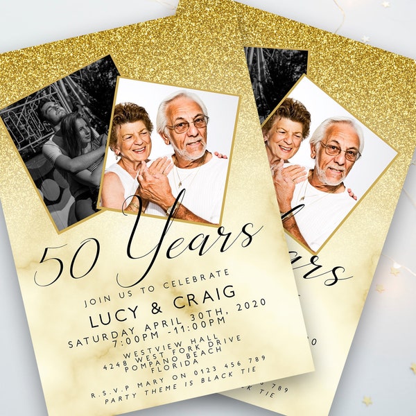 50th Wedding Anniversary Party Invitation Editable Add Your Own Photos Glitter Marble Golden Invitation 50 Years Instant Download