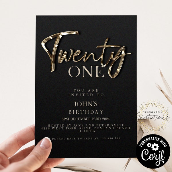 21st Birthday Invitation Editable 20's invite Black Gold invitation Simple Elegant For Him or Her  Instant Download Printable BG19