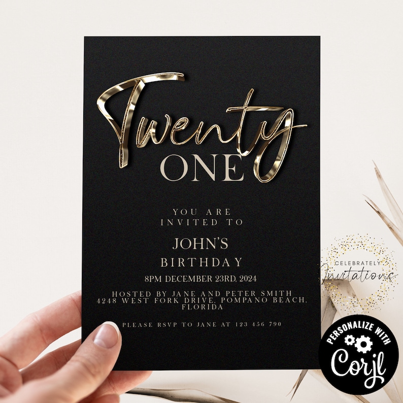 Birthday Invitations Editable 21st Invite: Black Gold Elegance - Instant Download, Printable Template, DIY Party Invite image 1