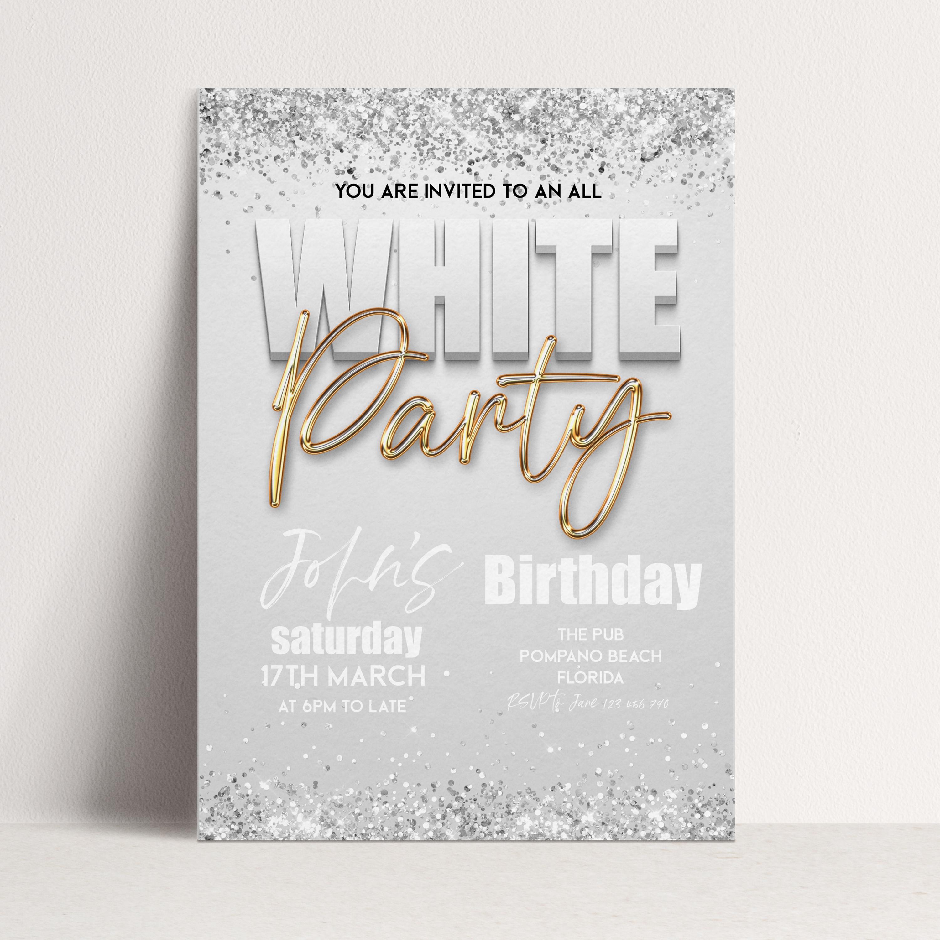 All White Party Invitation Bling Bling All White Birthday Bash White Gold  Glitter Party Editable Download - Etsy