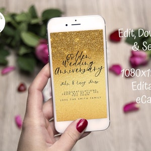 Papierlose elektronische Glückwünsche eCard Gold Glitter Digitale Karte Handy Goldene Hochzeit Jahrestag Hochzeit Verlobung eCard