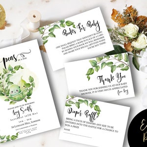 Peas In a Pod Twins Baby Shower Invitation Bundle EDITABLE Gender Neutral Invitations Digital Diaper Raffle Books for baby Instant download