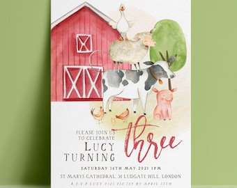 Farm Animals 3rd Birthday Invitation Template: Editable Barnyard Design, Gender Neutral (Digital Download, 5x7 Inches)