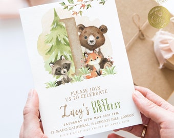 Editable Woodland 1st Birthday Invitation Woodland Animals Birthday Printable Invitation Forest Animals Party Invitation Template WD56