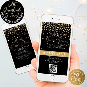Senior Prom Digitale Einladungen und Digitale Tickets Black Gold Award Night Invite Event Fügen Sie Ihren QR-Code hinzu Bearbeitbar Sofort-Download