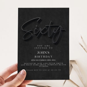 60th Birthday Invitation Editable 60th invite Black invitation Simple Elegant For Him or Her  Instant Download Printable SE19