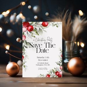 Save The Date Christmas Party Invitation Editable Template Holiday Christmas Foliage Invite  Printable Instant Download