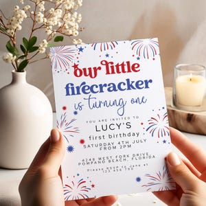 Our Little Firecracker First Birthday Invitation Editable 4th July Theme Red White Blue Printable Baby Girl Boy Invite Instant Download FC04
