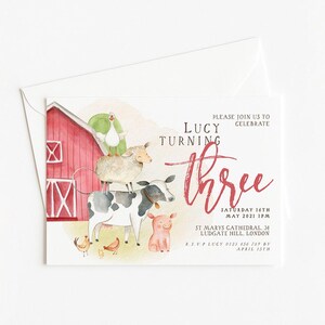 The image is a birthday invitation for a girl named Lucy, who is turning three years old. The invitation features illustrations of farm animals and a red barn, along with the text "Please join us to celebrate Lucy turning three".