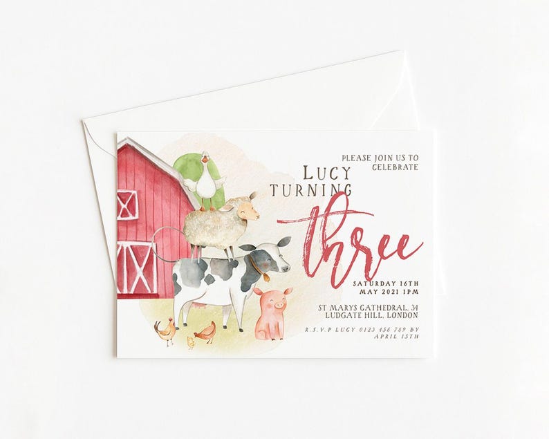 The image is a birthday invitation for a girl named Lucy, who is turning three years old. The invitation features illustrations of farm animals and a red barn, along with the text "Please join us to celebrate Lucy turning three".