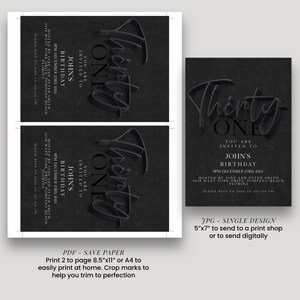 May include: Black and gray birthday invitation with the words "Thirty One" in a stylized font. The invitation includes details for John's birthday, including the date, time, and location. The invitation is available in a single design or as a PDF.