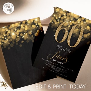 Faire-part 60e anniversaire – Modèle modifiable de paillettes noir et or, téléchargement immédiat, invitation Corjl imprimable, élégant design de fête des années 60
