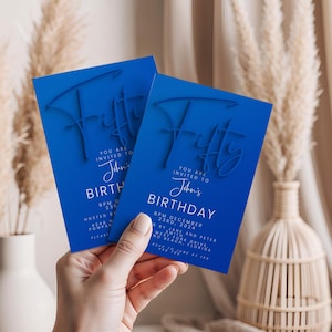 Blue 50th Birthday Invitation, Modern Digital Party Invite, Milestone Birthday Celebration, Editable Template, Instant Download