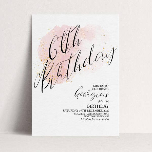 60th Birthday Invitation Editable Printable, Rose Gold Blush Theme (Digital Download, A6 Size, Customizable Template)