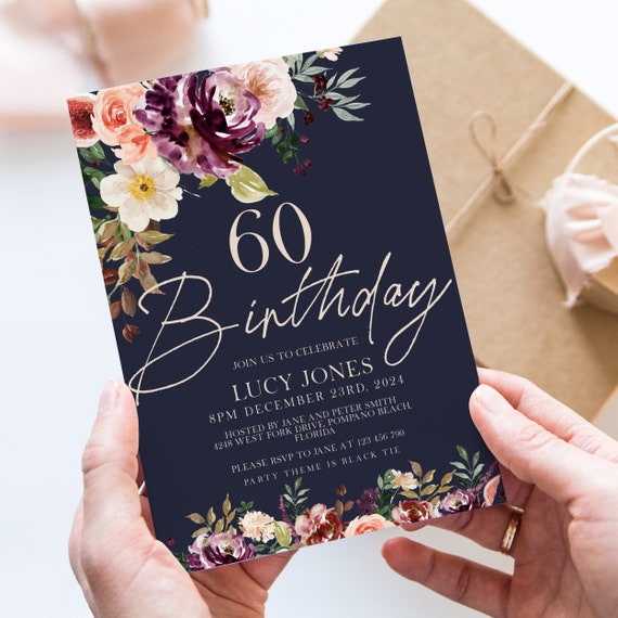 Editable 60th Birthday Invitation For Women 60th Party Invite 60th