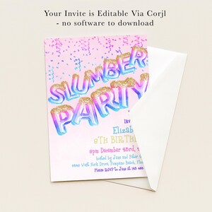 The image is a birthday party invitation with a pink background and colorful text.