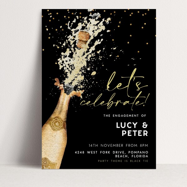 Editable Invitation Champagne Engagement Invite: Black and Gold Design - Printable, Digital Download, DIY Party Template