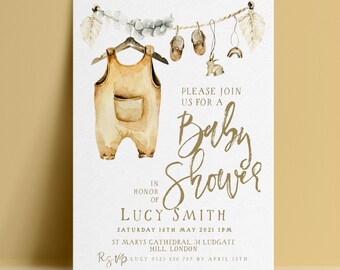 Baby Shower Invitation, Editable Neutral Boho Clothesline Dungarees Invite, Gender Neutral Digital Download, Printable Template