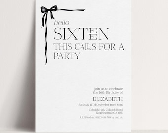 16th Birthday Invitation Template, Girl, Sweet 16 Printable Template Bow Invite, Hello Sixteen Party Invite, Editable Digital Download