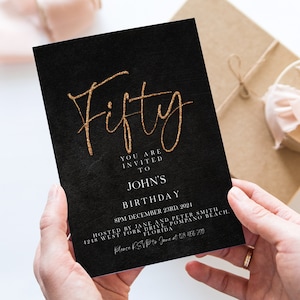 50th Birthday Party Invitation Editable Invite Gold Glitter Black Invitation Simple Elegant For Him or Her Instant Download Printable
