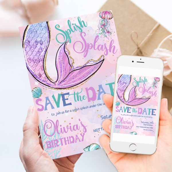 Mermaid Save The Date Birthday Invitation Editable Under the Sea Pool Party Invitation Girl Invite Printable Template Instant Download MER01