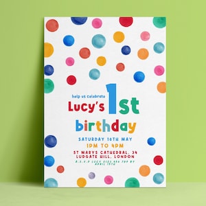 First Birthday Invitation, Editable Rainbow Confetti Dots 1st Party Invite, Colourful Digital Download, Printable Template, Fun