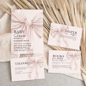 Paquete de baby shower con lazo rosa, plantillas Corjl editables, sorteo de pañales, libros para bebé, invitación, tarjeta de agradecimiento, rosa suave P21