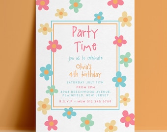 4th Fourth Birthday Invitation Template, Daisy Flower Editable Invite, Pastel Digital Download, Kids Printable Card