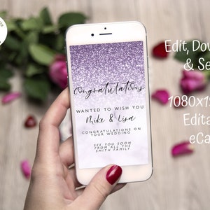 Lila Glitter Digitale Hochzeitsgrußkarte, bearbeitbare Glückwunschkarte, Hochzeitswünsche Vorlage, Sofort Download