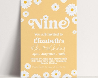 Plantilla editable de invitación de cumpleaños número 8 con margaritas, flores retro amarillas (descarga digital, 5x7 pulgadas, imprimible para hacer tú mismo)