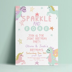 The image is a birthday party invitation featuring colorful illustrations of unicorn and dragon characters, along with stars and other decorative elements.