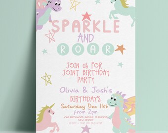 Zaproszenie na imprezę z motywem jednorożca i smoka – szablon urodzinowy dla dzieci Sparkle And Roar – pastelowe kolory, edytowalny plik Corjl, pobieranie cyfrowe