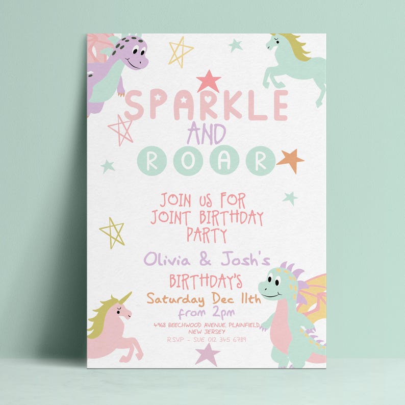 The image is a birthday party invitation featuring colorful illustrations of unicorn and dragon characters, along with stars and other decorative elements.