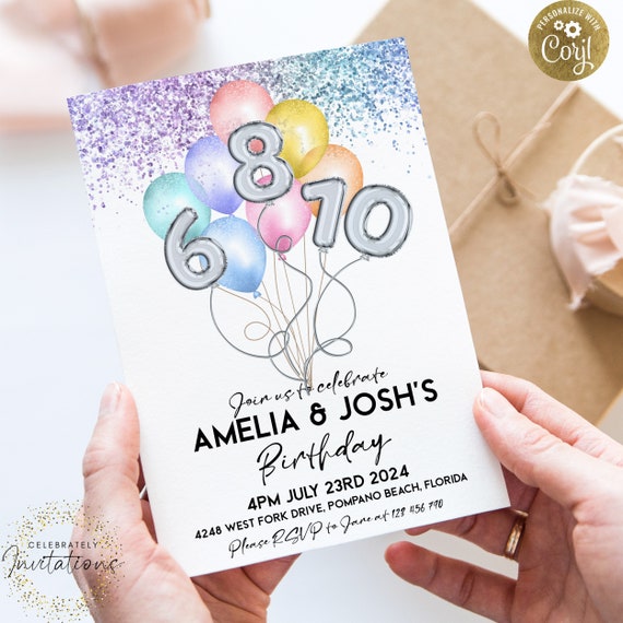 Sibling Birthday Invitation for 3 Siblings Balloon Editable Printable Invite Rainbow Silver Glitter Instant Download Editable Template Corjl Il_570xn