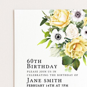 The image is a birthday invitation for Jane Smith's 60th birthday celebration. The invitation features a floral design with yellow and white flowers, and it invites guests to join in celebrating the birthday of Jane Smith on February 14th at 7 PM.
