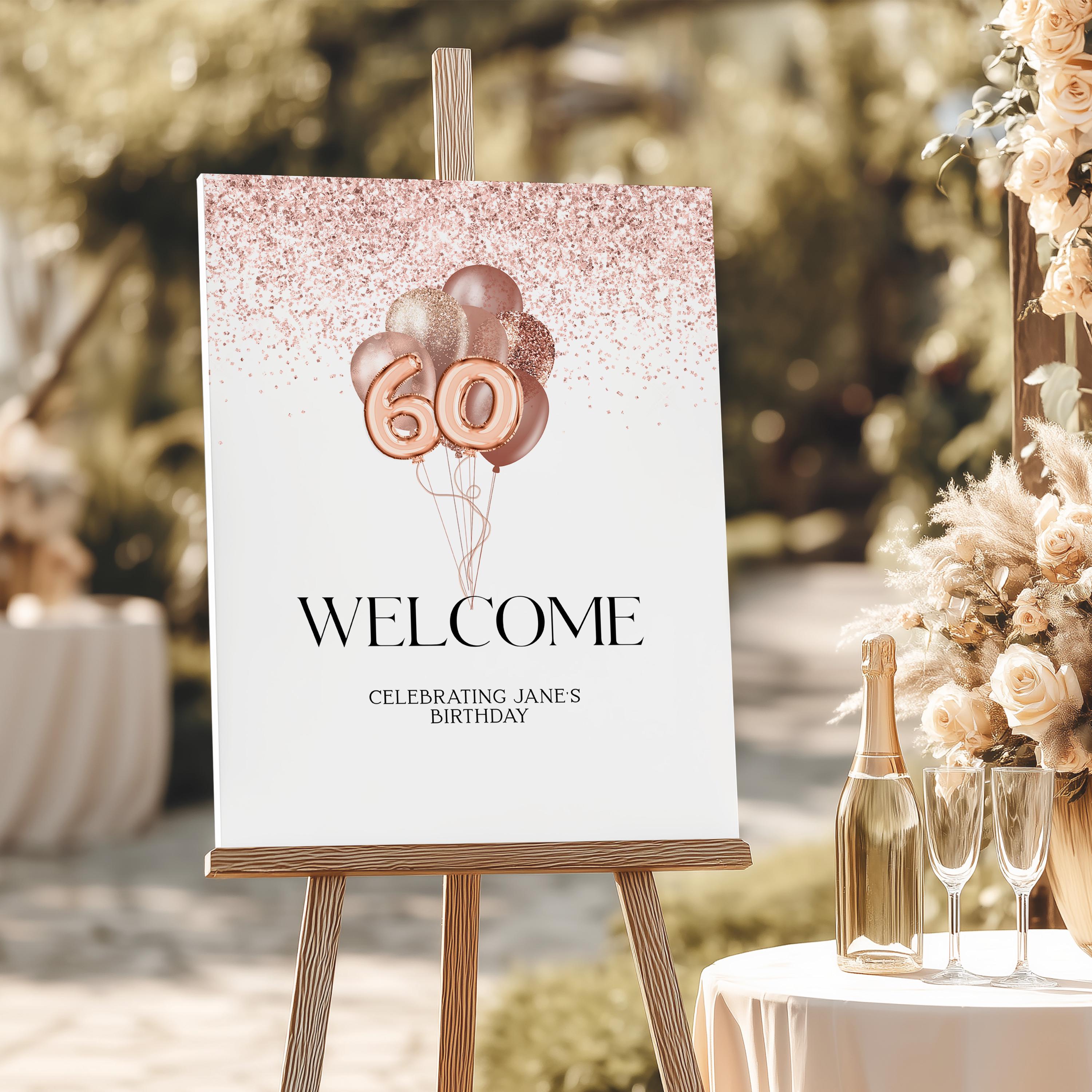 60th Welcome Sign Editable - Rose Gold Birthday Party Decor - Digital ...