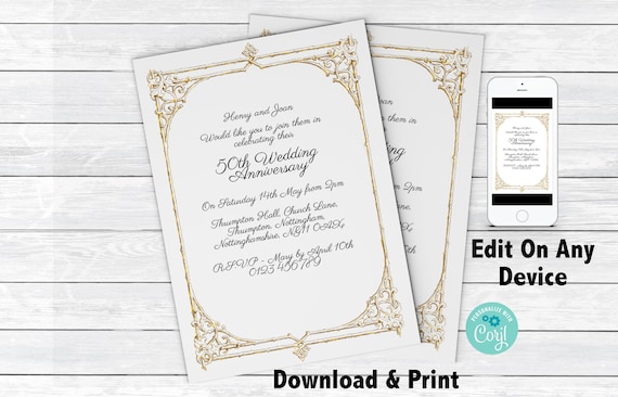 50th Anniversary Invitation Gold Frame Instant Download Printable Il_570xn