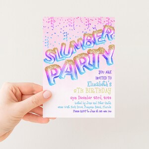 The image is a colorful invitation card for a "Sleeping Party" event, inviting guests to a birthday celebration for Elizabeth's 8th birthday.