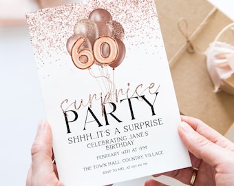Surprise 60th Birthday Invitation Download Rose Gold balloons Glitter Party Invite Printable Instant Download Editable template Corjl RG10