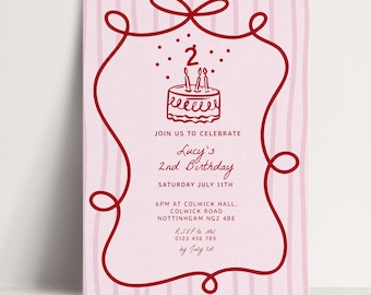 2nd Birthday Invitation Template, Printable Hand Drawn Coquette Pink and Red Editable Second Birthday Party Digital Download