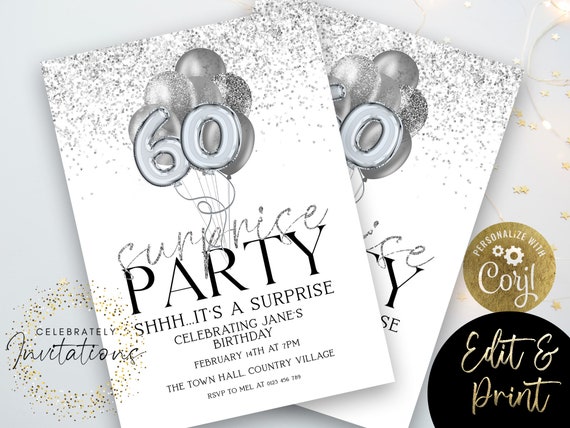 Surprise 60th Birthday Invitation Download Silver balloons Glitter ...