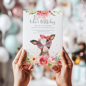 Cow Birthday Invitation Editable Template, Farm Party Invite for Girls, Watercolor Floral Calf Design, Digital Download, Printable Card