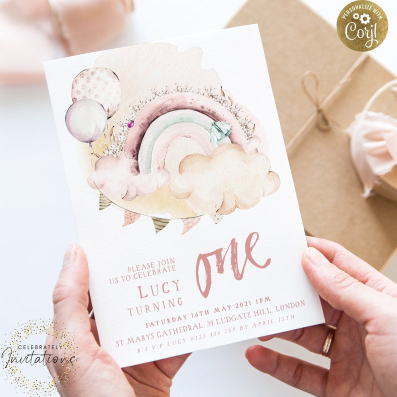 Rainbow 1st Birthday Invitation Template EDITABLE For Girl Boho Rainbow Invitations Digital Instant download RB18 image 1