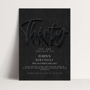 May include: Black birthday invitation with the words "Thirty One" in a 3D font. The invitation includes the text "You are invited to John's Birthday" and event details. The background has a textured appearance.