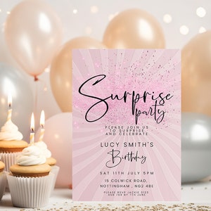 Invitación de cumpleaños sorpresa editable en rosa para él, plantilla imprimible para ella, descarga instantánea.