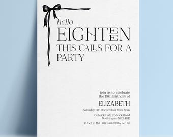 18th Birthday Invitation Template Hello Eighteen Printable Template Party Invite, Bow Birthday Invite, Editable Digital Download
