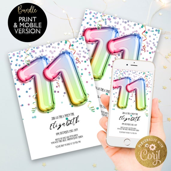 11th Birthday Invitation Plus Mobile Bundle Editable Template Rainbow